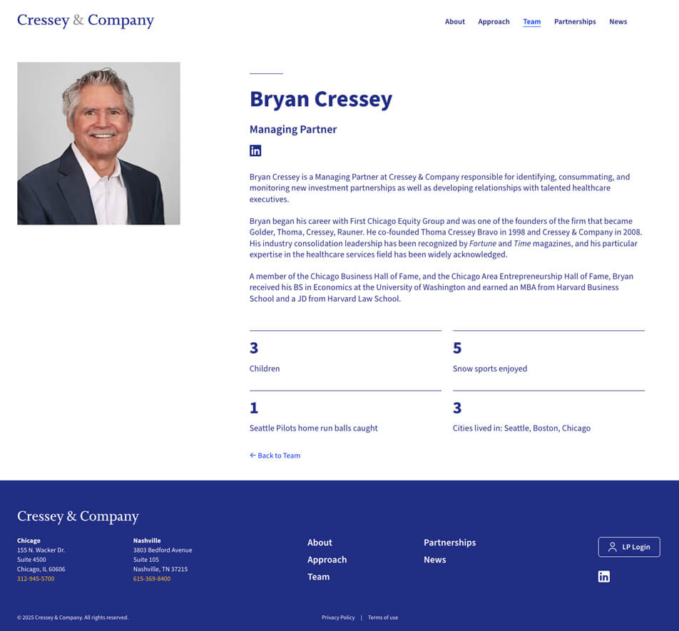 A screen capture from the Cressey & Company’s website showing its bio detail page for Bryan Cressey that includes his photo, bona fides, LinkedIn profile link, and fun facts about who he is.
