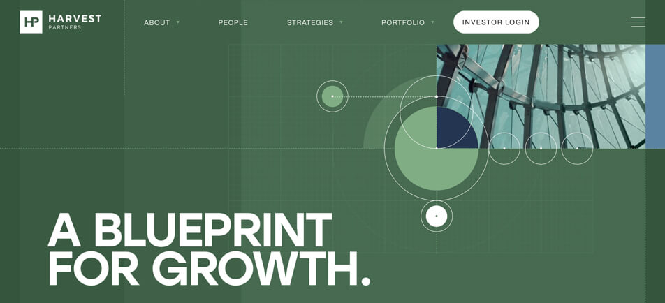 A screen capture of Harvest Partners' homepage that shows its primary nav's inclusion of a bold button in its top navigation to give its investors' a simple pathway to log into its secure portal, send messages, and use its other tools.