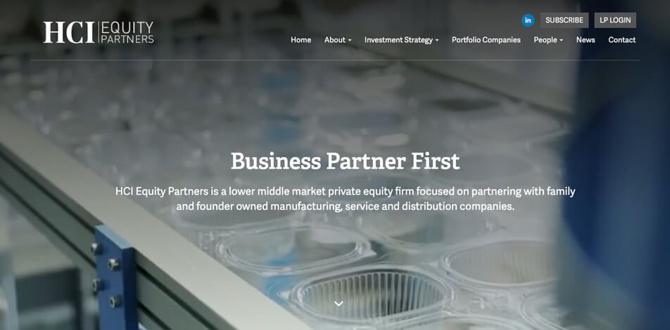 A screen capture of the top of HCI Equity's homepage showing its private equity web design solution's prominent link in the utility nav that is designed to make it quick and easy for limited partners to find and securely log into its portal.