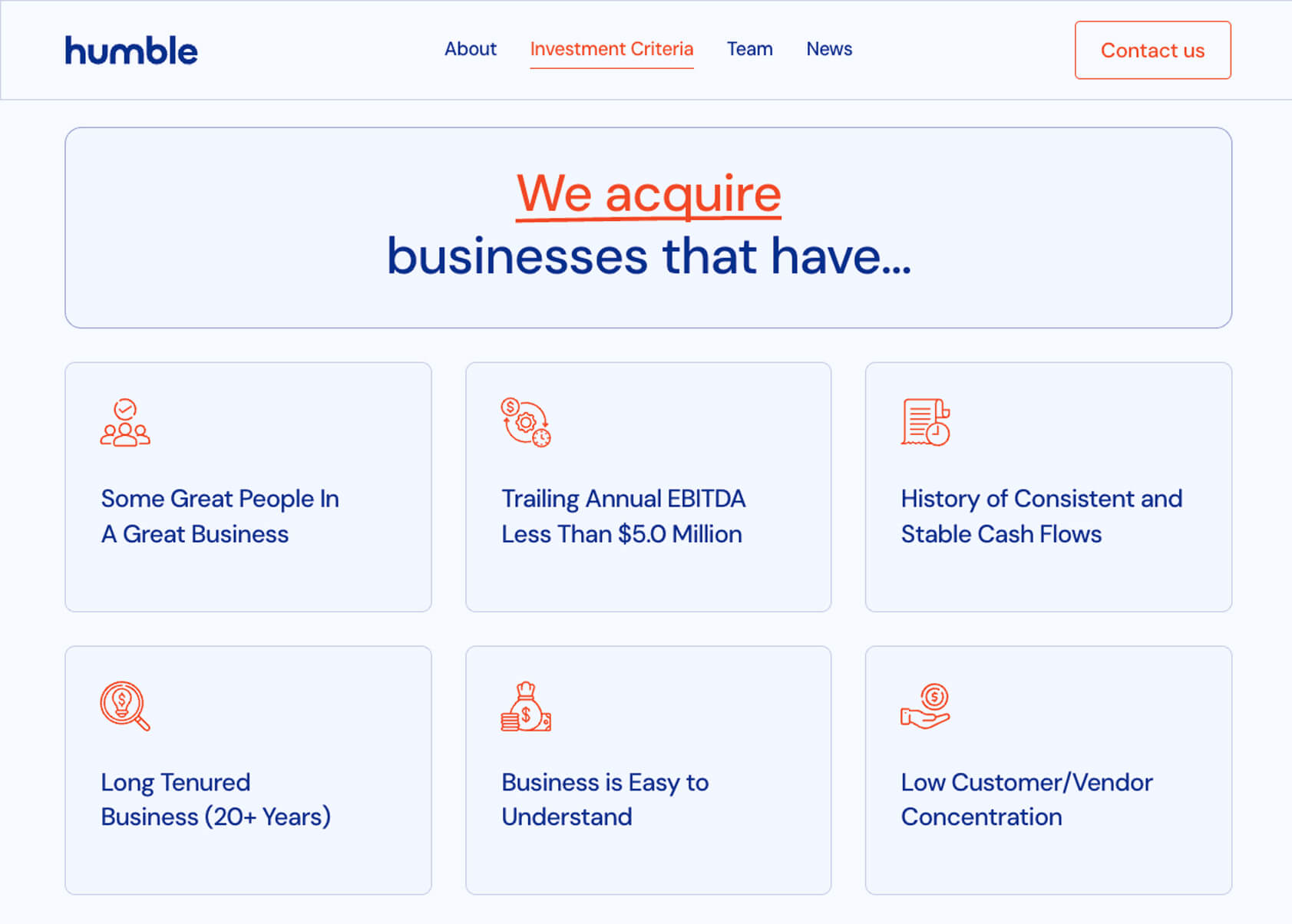 Screenshot of Humble's top-level "Investment Criteria' page that uses a grid design accented by icons to present the details about what they look for in firms they acquire. 