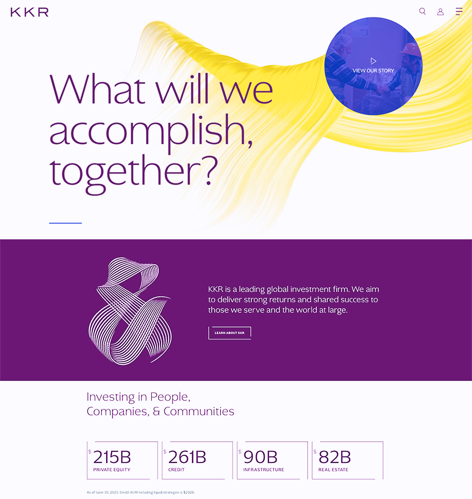 A screengrab of the top half of KKR's private equity web design layout showing its hero, about synoposis, and results panel (which includes framing details that add context to the stats to make this social proof content more impactful).