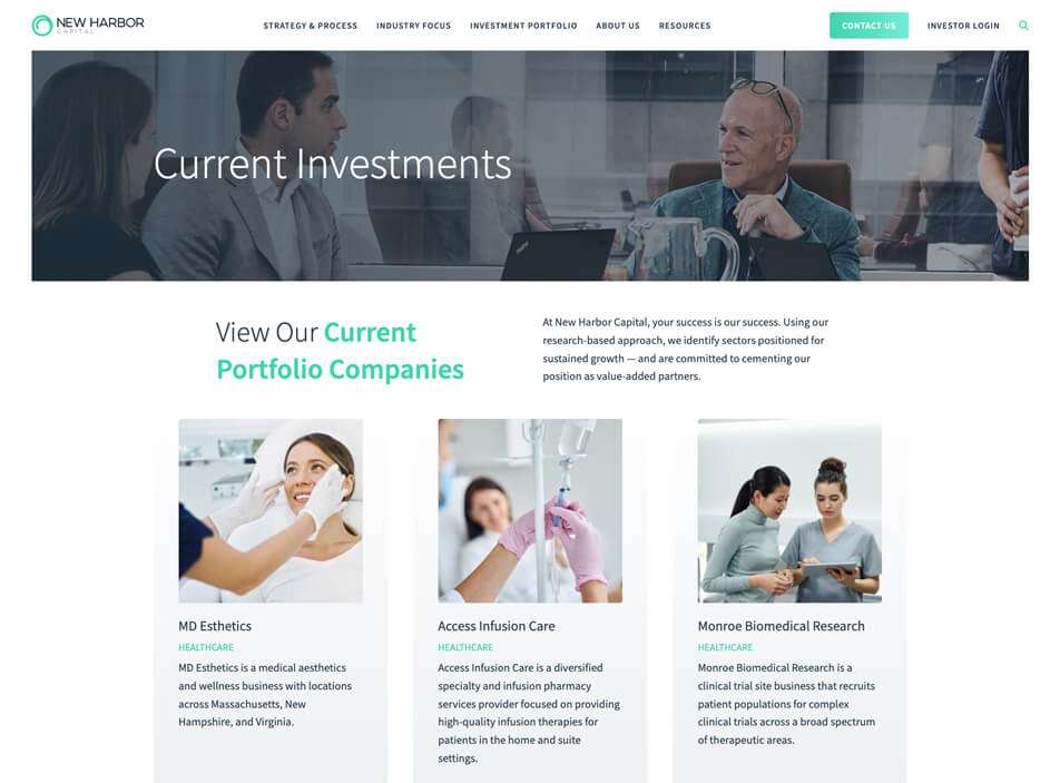 Screen capture from the top of the "Current Investments" page on New Harbor Capital's website that shows how this private equity web design treatment uses photos and industry labels to break up content, add visual interest to its portfolio listing page, and make it easier for users to scan and find the information they need.
