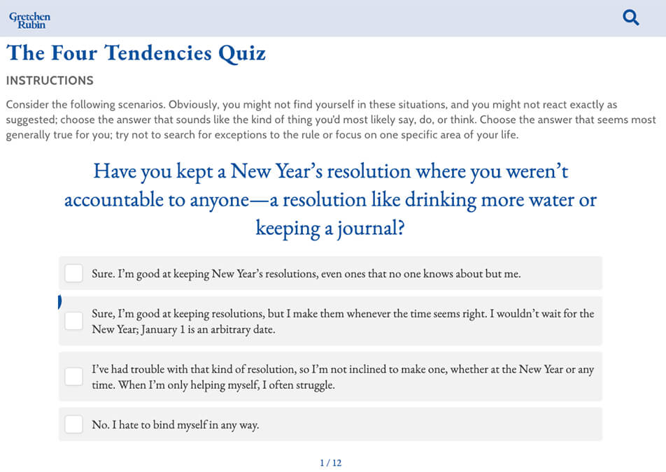 Gretchen Rubin’s Four Tendencies Quiz page inviting visitors to discover their personality type