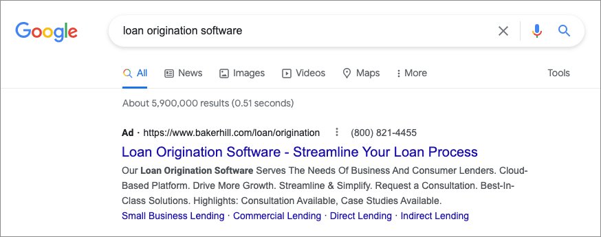Example of a Google Ad from one of Baker Hill’s PPC campaigns