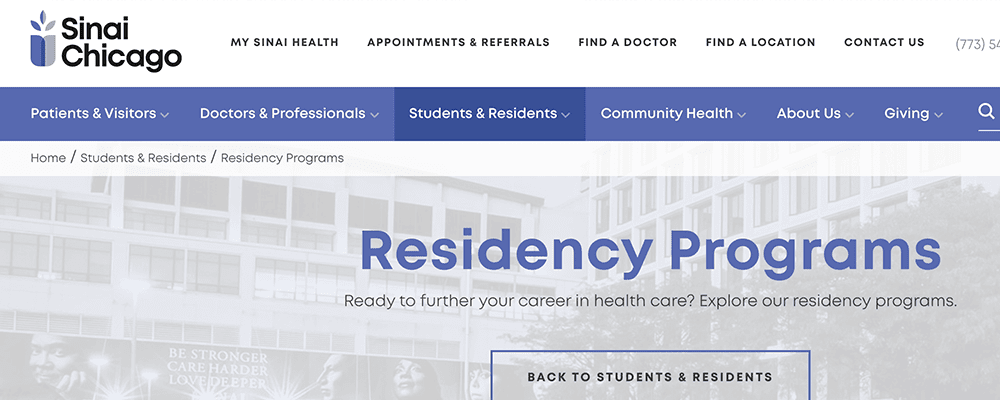 Sinai Chicago website breadcrumb navigation