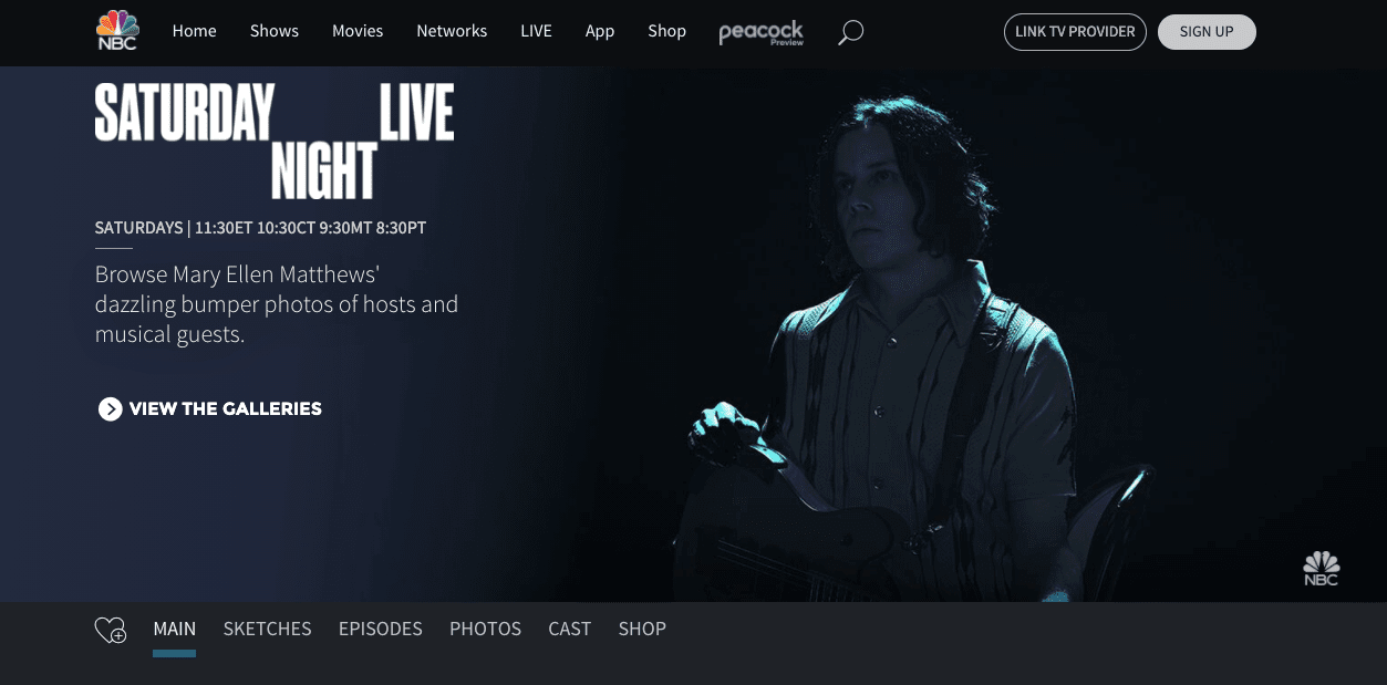 Screengrab of SNL's dark mode homepage