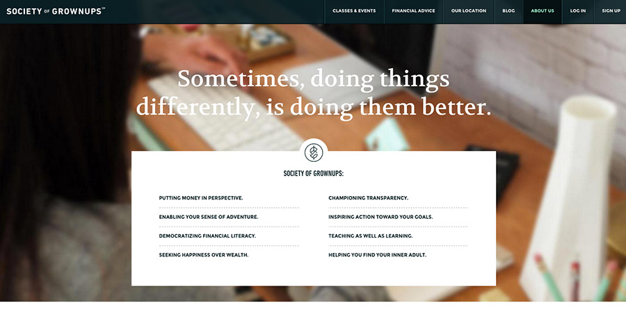 society of grownups interior page design