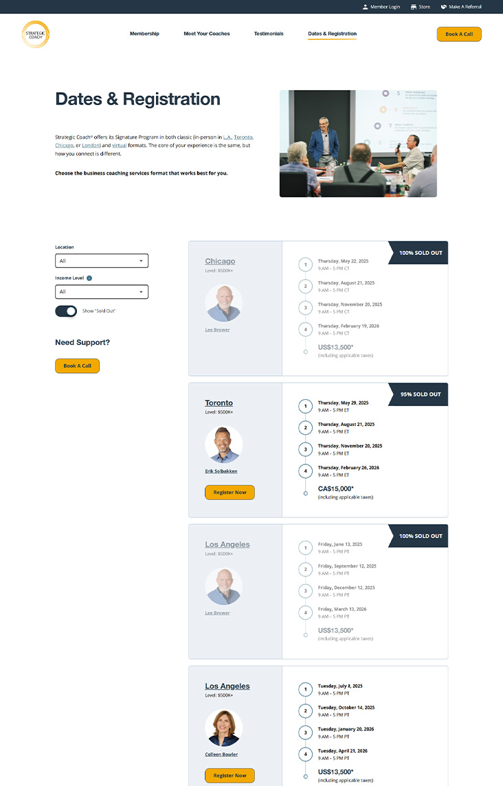 Dates and registration page