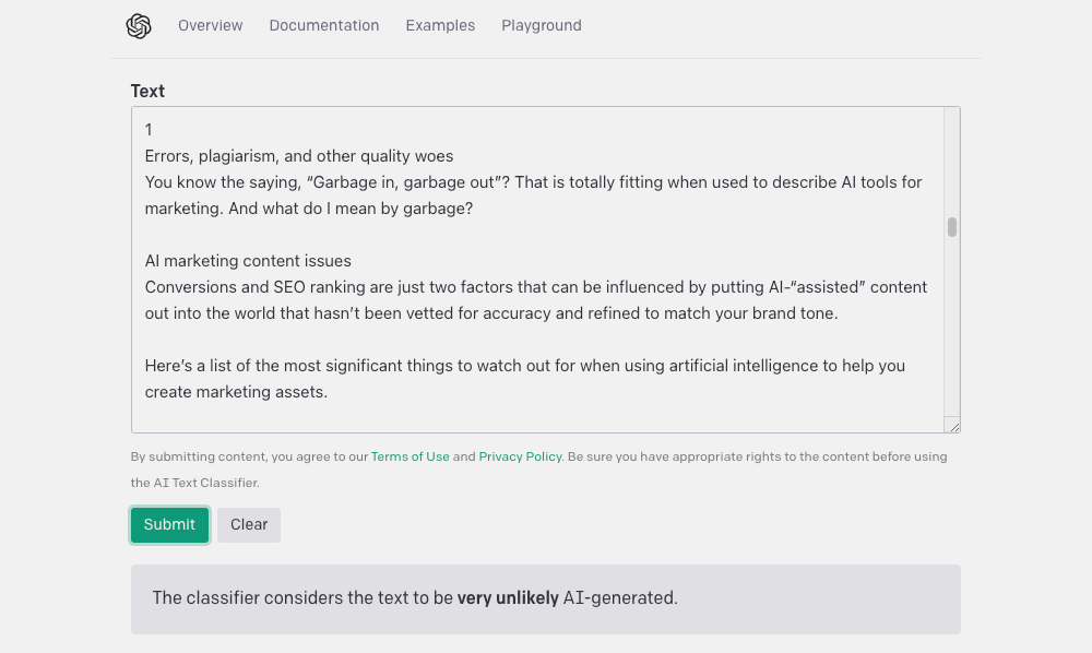 Example of ChatGPT’s Text Classifier tool testing content to see if it was written by an AI tool