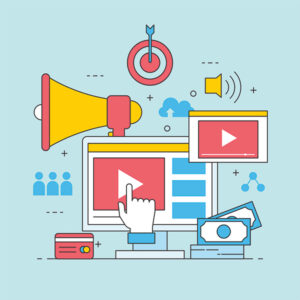 illustrated collage of video marketing elements