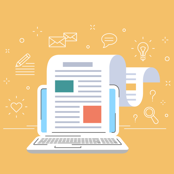 illustration of laptop with content writing and other pieces