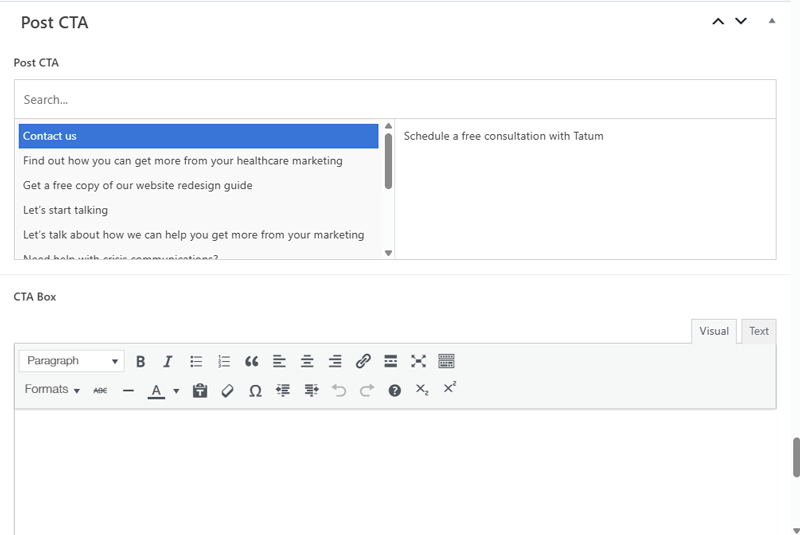 Screengrab of WordPress backend utilizing custom CTA fields