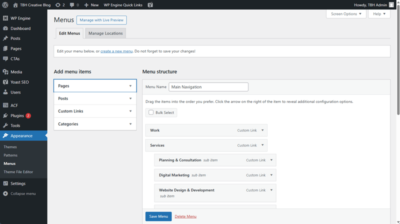 Screengrab of WordPress top bar example.