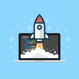 Illustration of a rocket blasting off in front of a laptop with code