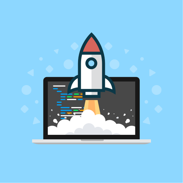Illustration of a rocket blasting off in front of a laptop with code