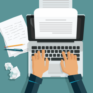 Illustration, hands typing on laptop.