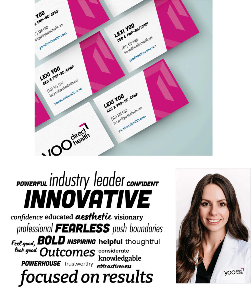 Yoo Direct Health's sample new business cards, brand voice word cloud, and lab coat embroidery, based on creative work by healthcare marketing group TBH Creative